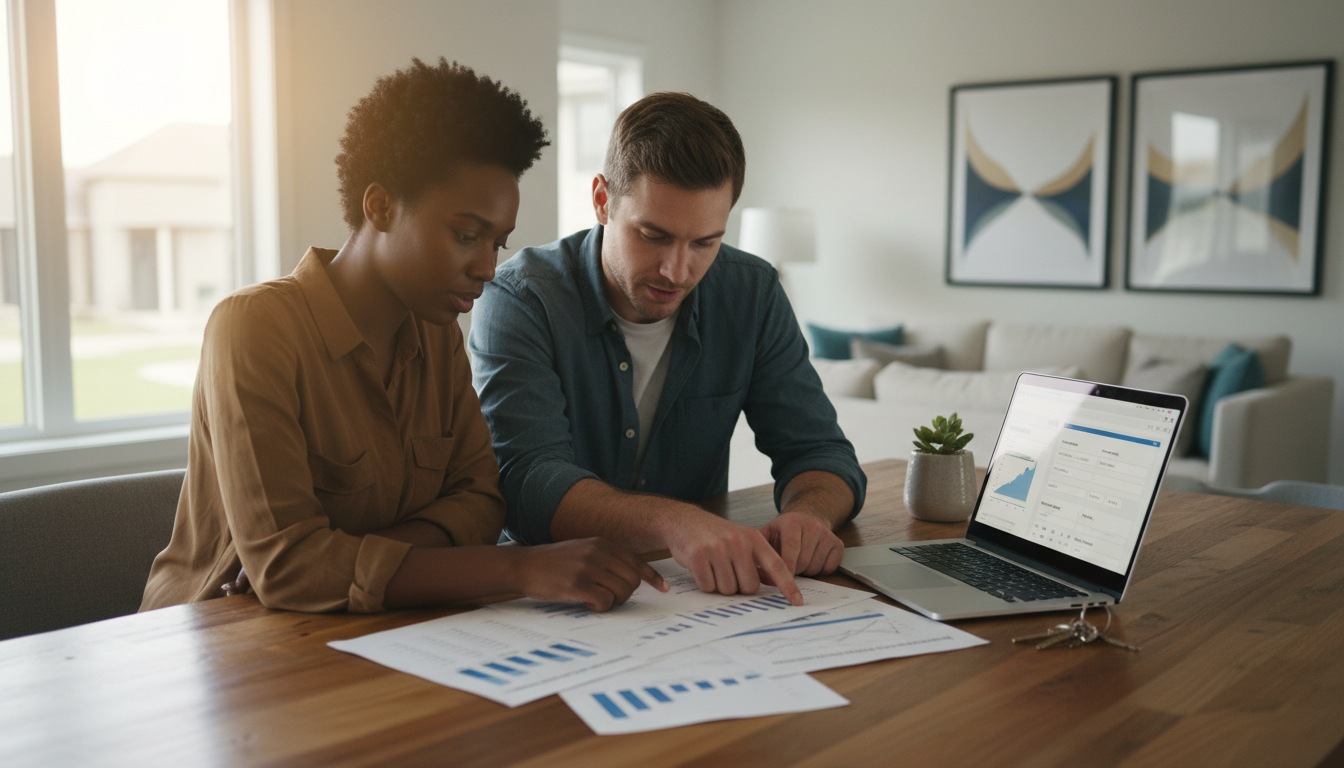 Diverse millennial couple reviewing home equity options at kitchen island